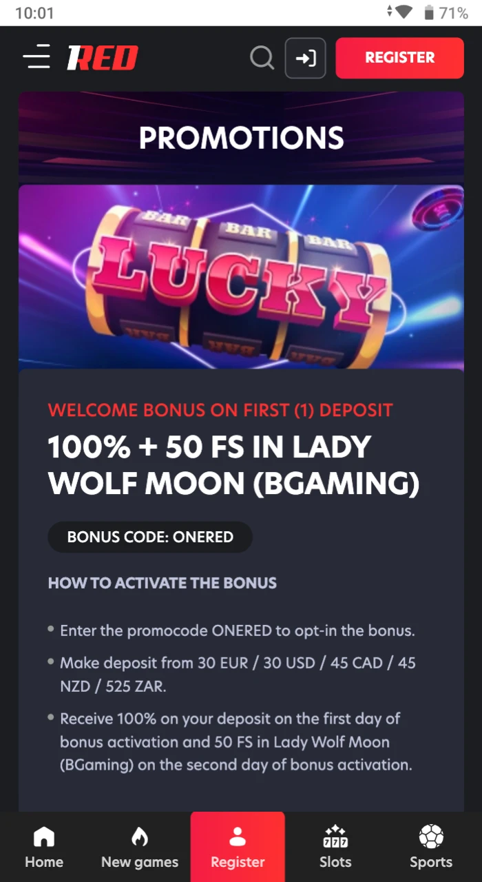 Get real bonuses at 1Red online casino.