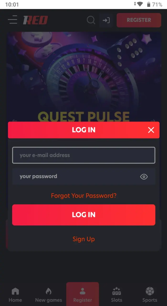 Login process at the 1Red Canada.