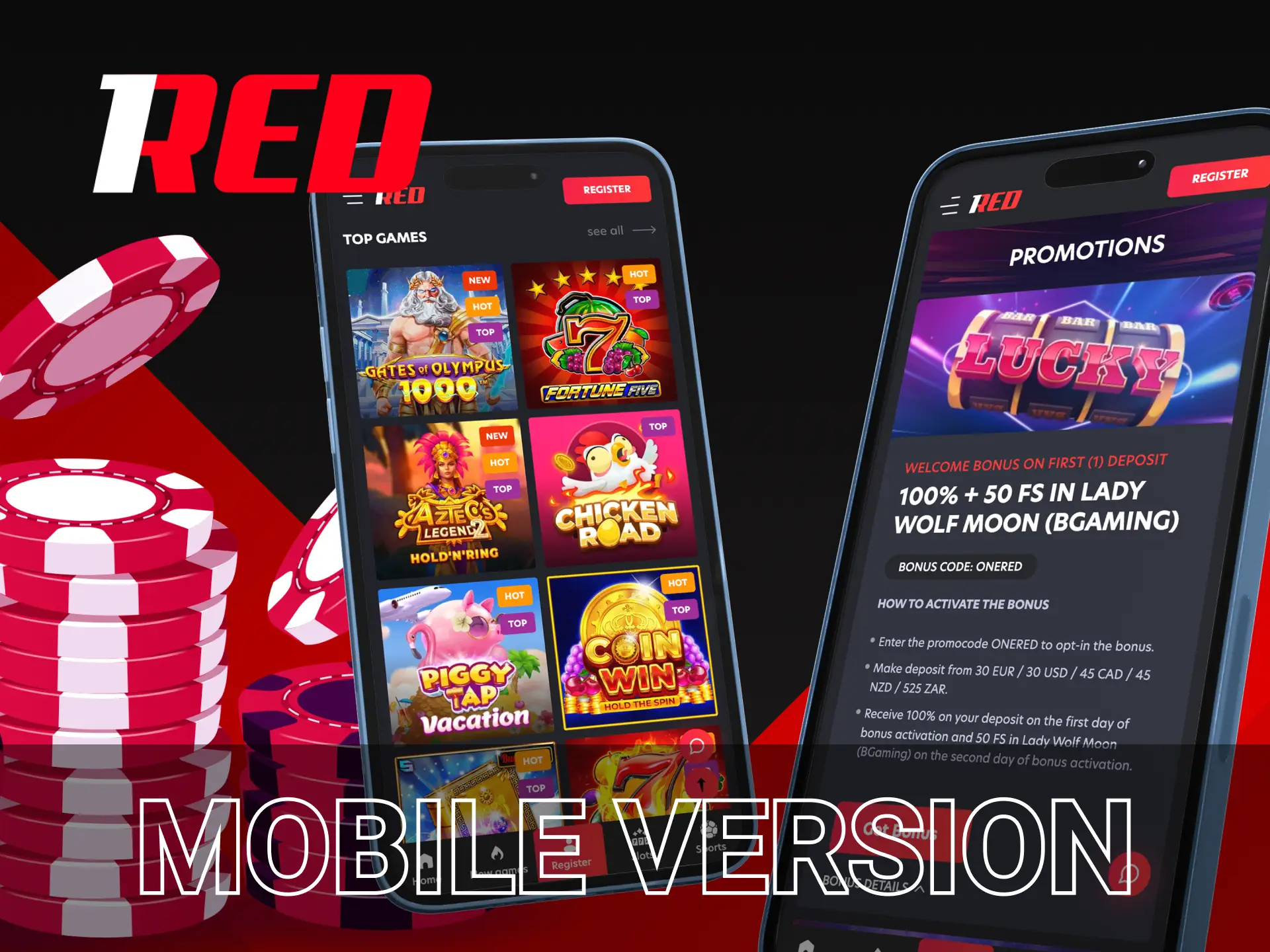 If for some reason you can't install the 1Red Casino app, this version will help you.