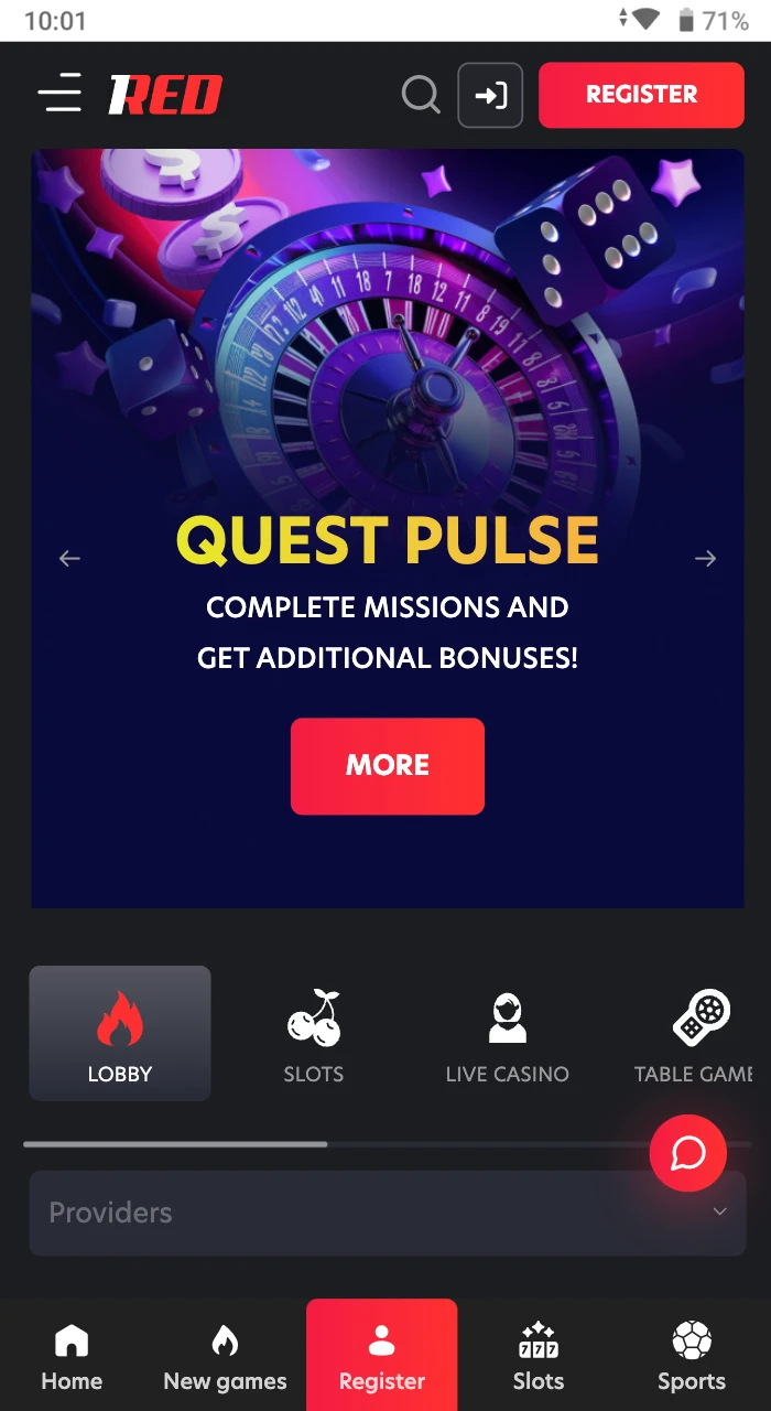 Home page of the 1Red Casino.